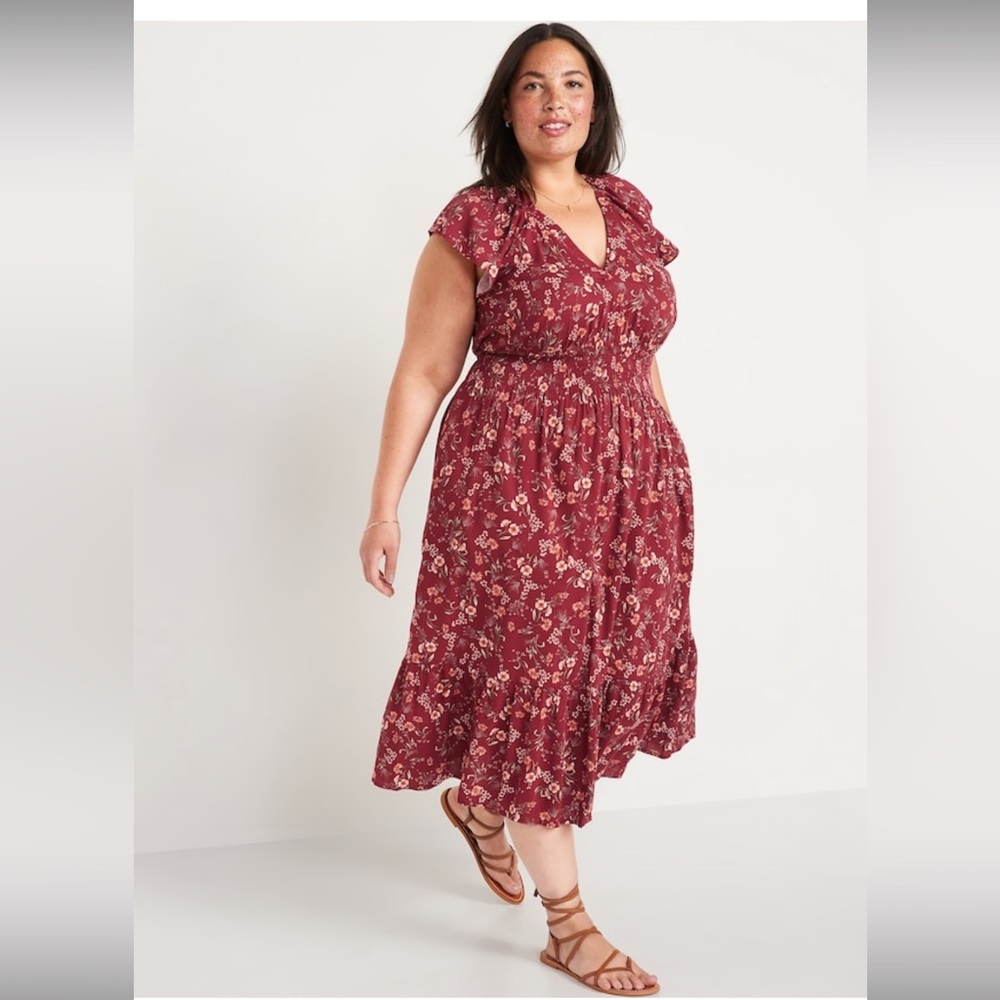 Old Navy Waist-Defined Flutter-Sleeve Smock Floral Midi Dress size XXL